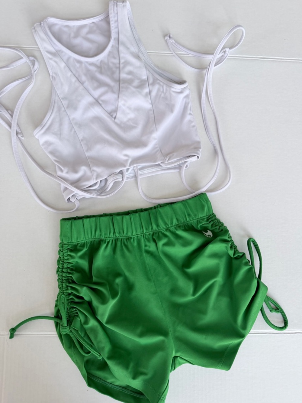 Werk Dancewear Racerback Crop Top + Green Ruched Athletic Shorts